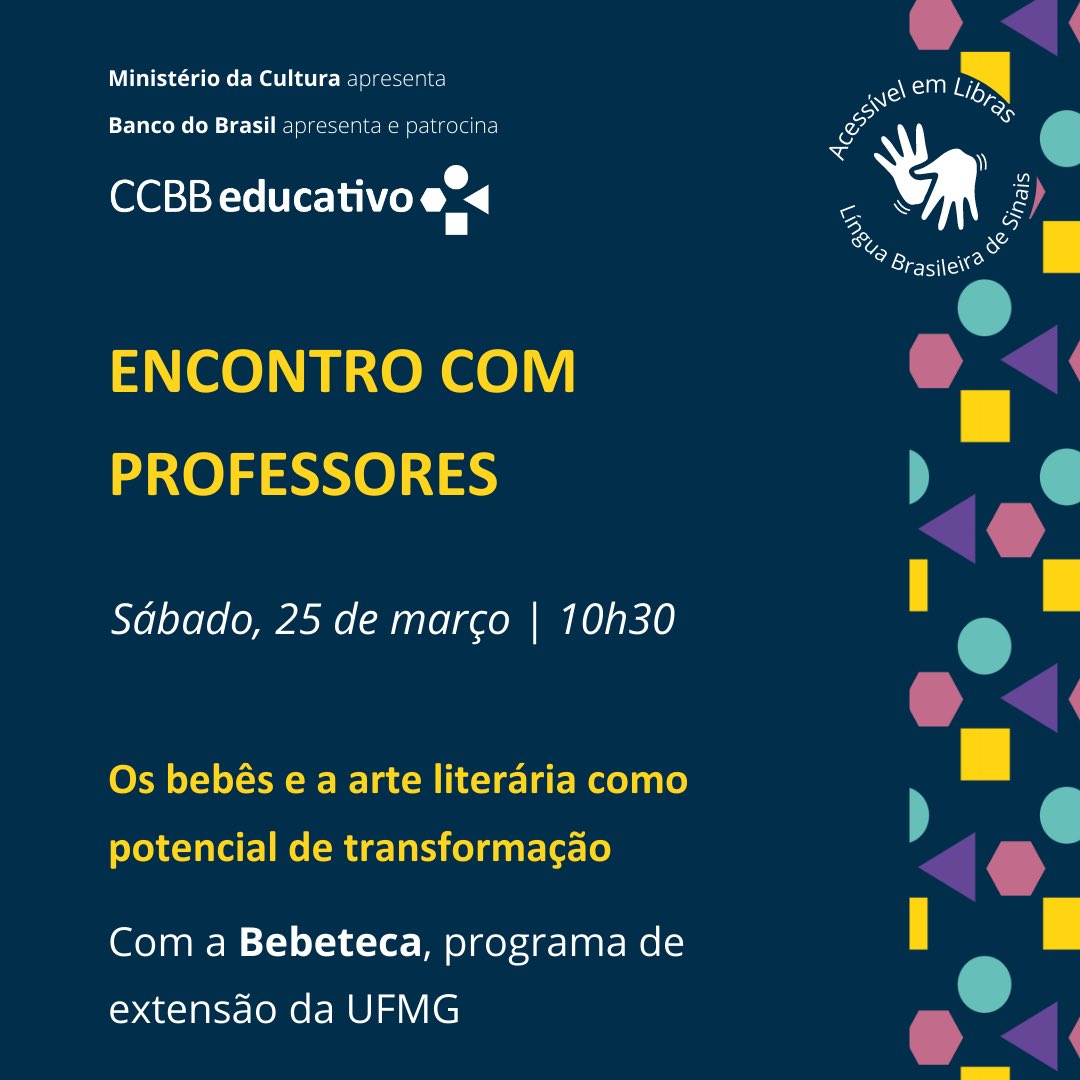 Já pensou na relação dos bebês com a literatura?  👶💡 

Neste sábado, o último Encontro com Professores do mês convida o programa Bebeteca, da UFMG, para discutir a dimensão da literatura oral e sua importância na constituição do psiquismo infantil.