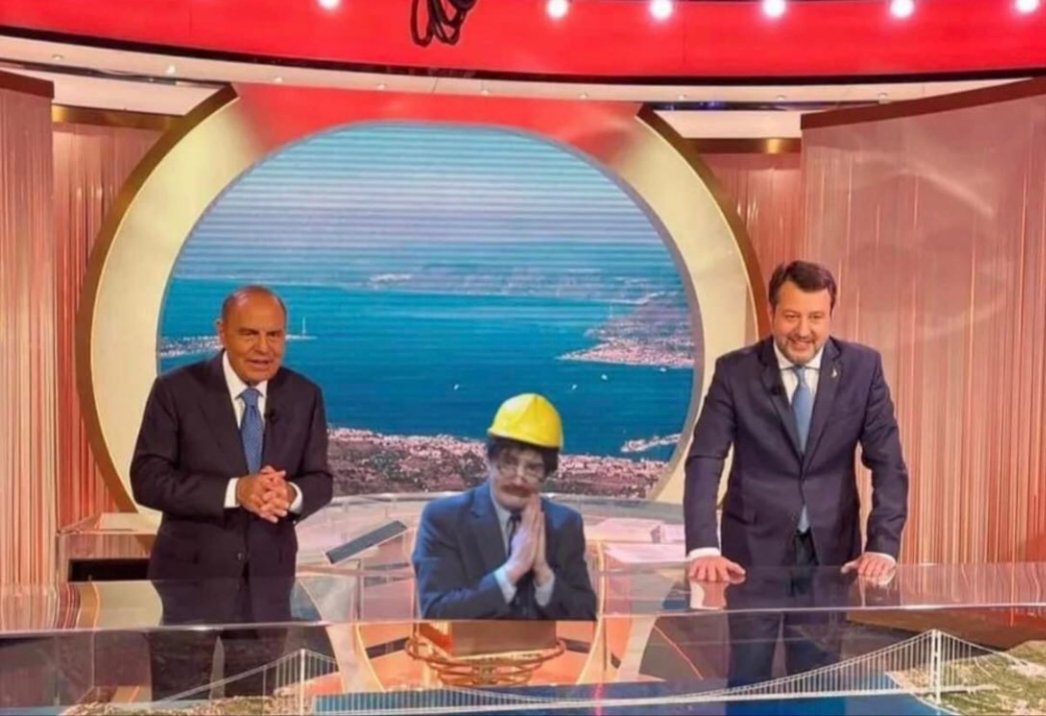 Matteobluetooth's tweet photo. Chiudete l'internet. 
Abbiamo un vincitore. 
Trovata per caso in rete, ma non so l'autore (decisamente un genio) 😂😂😂
#pontesullostretto #ingcane 
Sono trent'anni che il centrodestra ci prende per i fondelli.
#GovernoDegliOrrori 
#ritornoalpassato https://t.co/YaKY3NHjAk