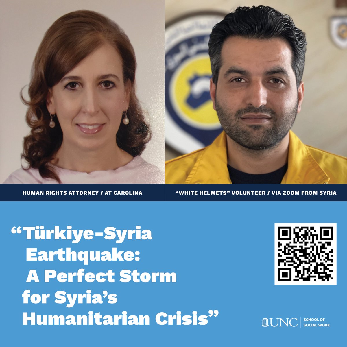 Join us Tuesday, March 28 for an in-person lecture at #UNCSSW by Djaouida Siaci, an attorney specializing in cross-border disputes. 

This lecture will also feature a "White Helmets" volunteer via Zoom from Syria. 

Learn more and register ➡️ go.unc.edu/RegisterForDja…