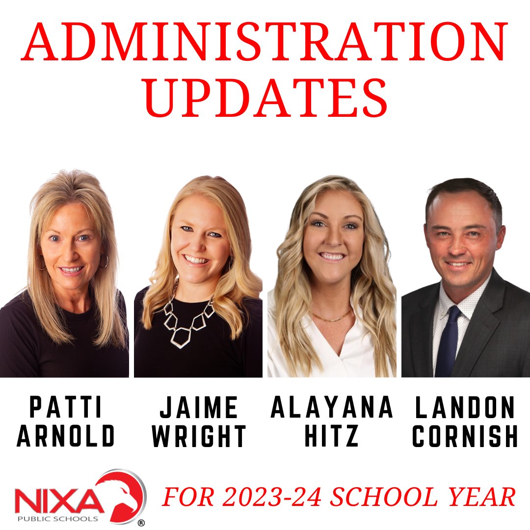 nixaschools's tweet photo. Nixa is announcing the retirement of Patti Arnold as associate principal for Nixa High School.  Jamie Wright will be named the new associate principal.  Alayana Hitz and Landon Cornish have been named assistant principals at Nixa High School.  Changes take place for 2023-24. https://t.co/P3PuZ4Ws39
