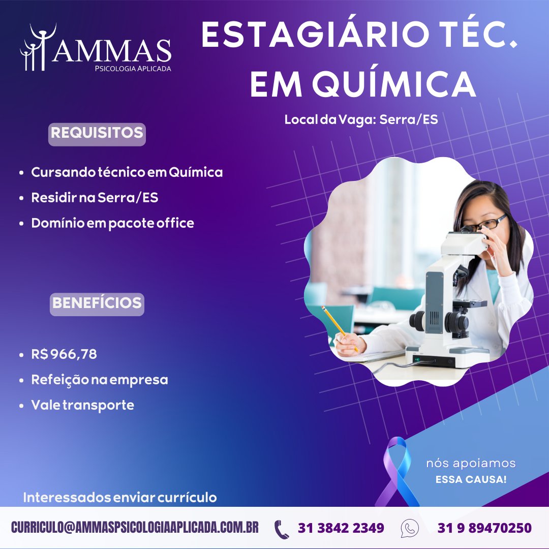 AMMASPsico's tweet photo. Se você está em busca de uma oportunidade, deseja crescer no mercado de trabalho e tem experiência na área, envie o seu currículo com o nome da vaga para:
curriculo@ammaspsicologiaaplicada.com.br

#vagasespiritosanto #vagasserra #vagadeemprego https://t.co/wpTHY42IRI