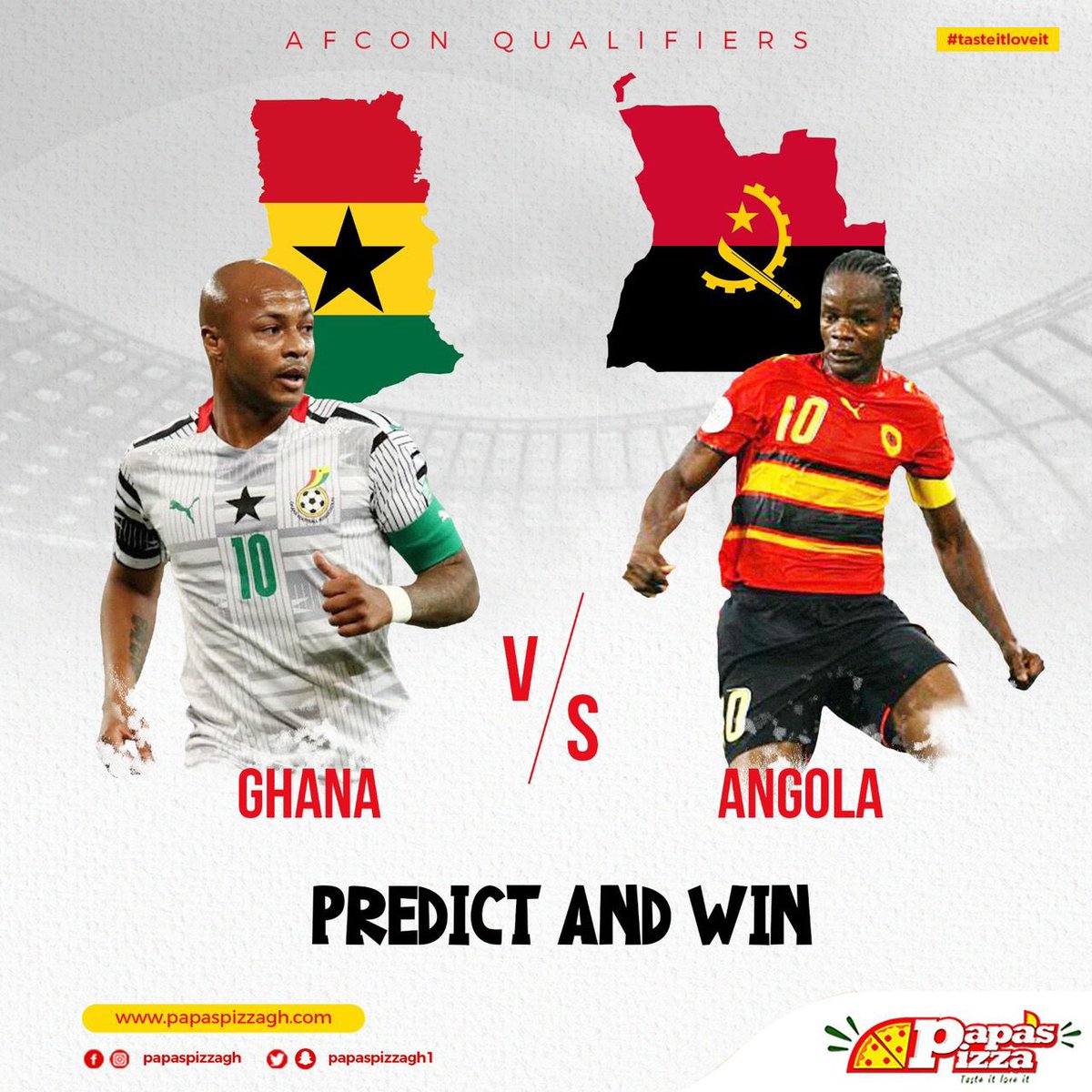 TwoTerty1_'s tweet photo. Ghana 🇬🇭 Vs Angola 🇦🇴 

Predict the correct score and use the hashtag: #PapasPizzaCorrectScore . 

- Picking first person  to correctly predict ❤️ 
- Predictions ends at 4:00 PM.

Good Luck https://t.co/u9qjoJXJ1q
