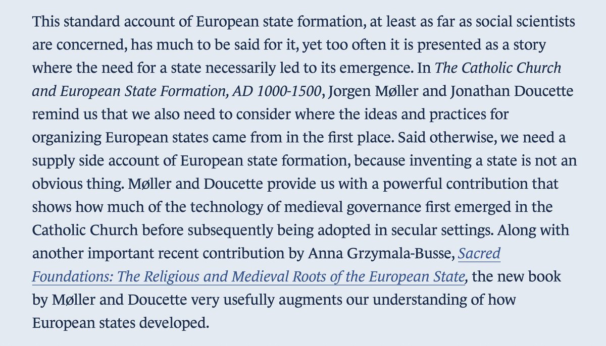TheNewRambler's tweet photo. New today: "Inventing a State? The Ecclesiastical Origins of European Secular Governance," David Stasavage's review of The Catholic Church and European State Formation, AD 1000-1500, by Jørgen Møller and Jonathan Doucette.

Link ➡️ https://t.co/zlVV3jyIpN https://t.co/jfEHBis3X8