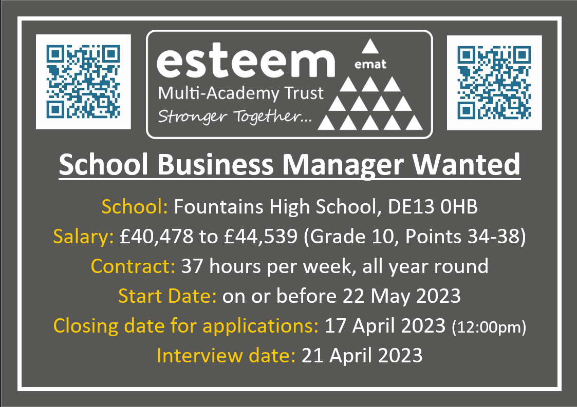 SCHOOL BUSINESS MANAGER WANTED:
For info or to apply: esteemmat.co.uk/vacancies

#recruitmentuk #educationjobs #schoolbusinessmanager #schoolbusinessmanagement #derbyshirejobs #staffordshirejobs #burtonontrent #jobvacancyuk #jobseekersuk #education #ukjobs #applynow