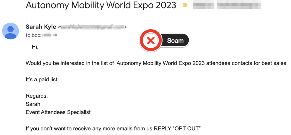 TrufiAssoc's tweet image. #AMWE2023 #AMWE #AMWE23 #ScamAlert 
Who else is getting these? It&apos;s clearly a scam. Don&apos;t bite. Qui d’autre les reçoit? C’est clairement une arnaque. Ne vous y trompez pas.