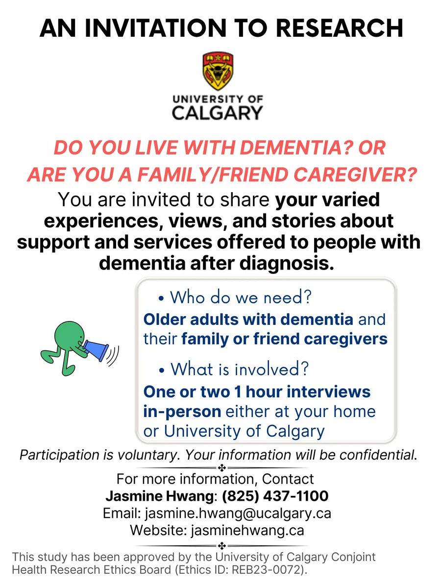alzcalgary's tweet photo. 🔊 Volunteers sought for research study! Share your views on support and treatment programs for people with dementia after diagnosis. Help us better understand what hinders and helps seniors and what matters to you. Email jasmine.hwang@ucalgary.ca or call 825-437-1100. https://t.co/GmwLPffLqN