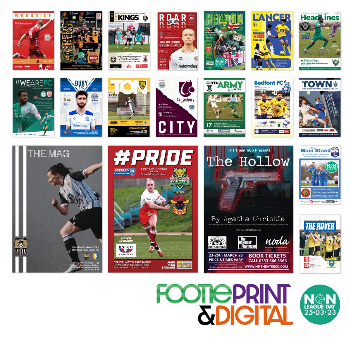 FootiePrint's tweet photo. PRINT PROGRAMMES!
An eclectic mix of progs for the @nonleaguedayuk weekend.
Two sports, (+ non-sport theatre show programme for @HHTheatreCo!), mens & womens, almost 2000 copies printed! Too many to individually name on one tweet. RT and @ your club if you see it! #buyaprogramme https://t.co/JDNhtwz1T3