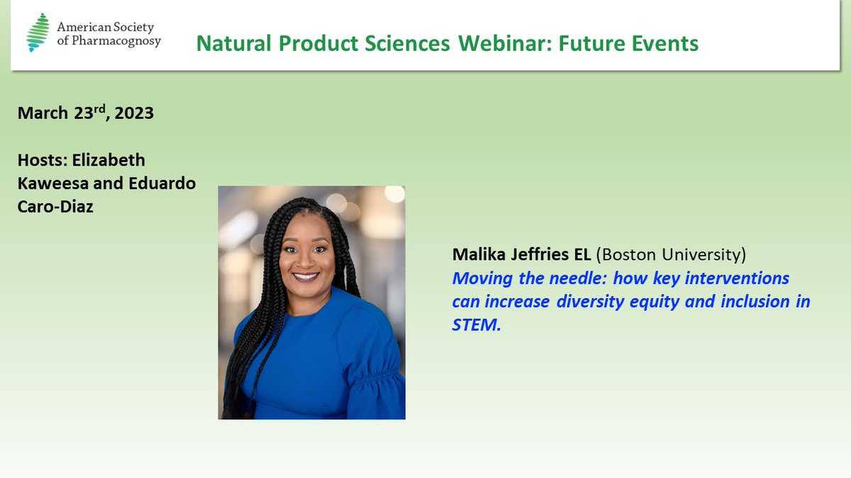 It's not too late to register for the ASP DEI Webinar today with Malika Jeffries-EL @Chem_Diva. Registration is FREE for everyone and closes at 3:00pm Eastern. #ASPWebinar #naturalproducts pharmacognosy.us/natural-produc…