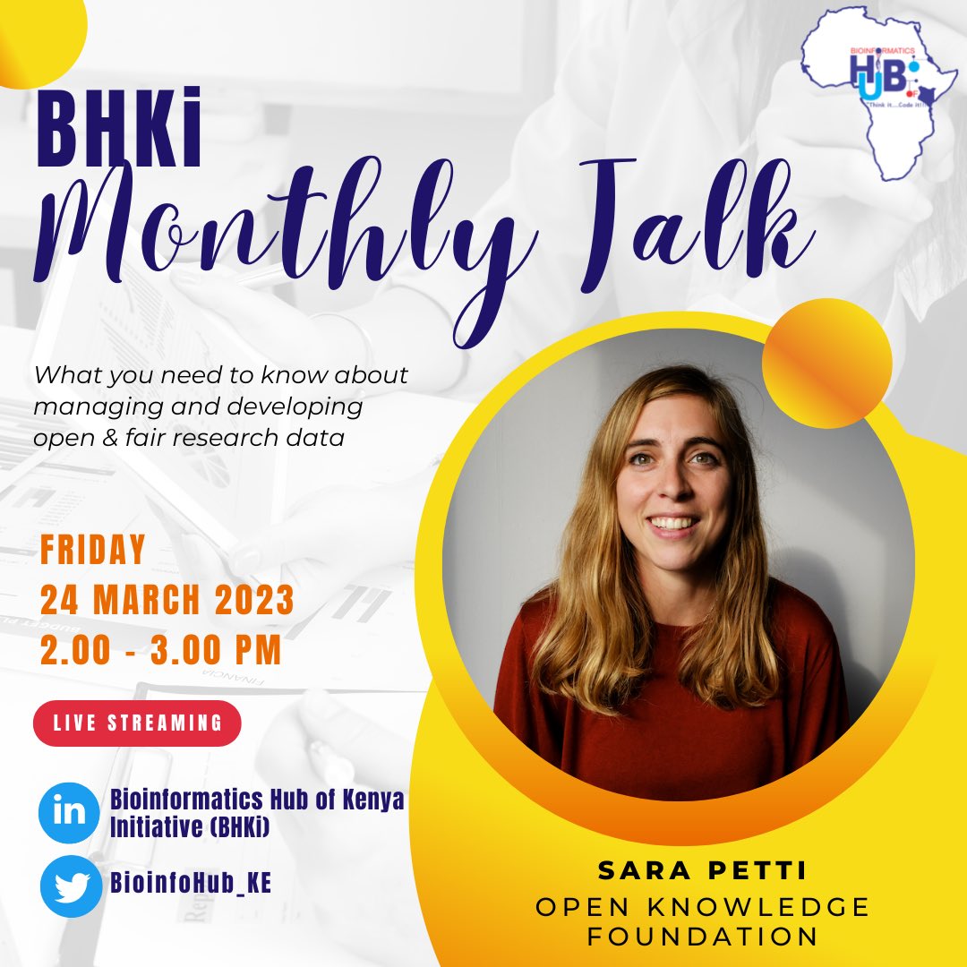 BioinfoHub_KE's tweet image. Should research data be freely available to everyone to access, use, and share, without any restrictions?

Come find out this Friday, 24th March! @Sape_BY will be giving a talk on managing and developing #open &amp;amp; #fair research #data.

🔗RSVP: bit.ly/3K3jK3d