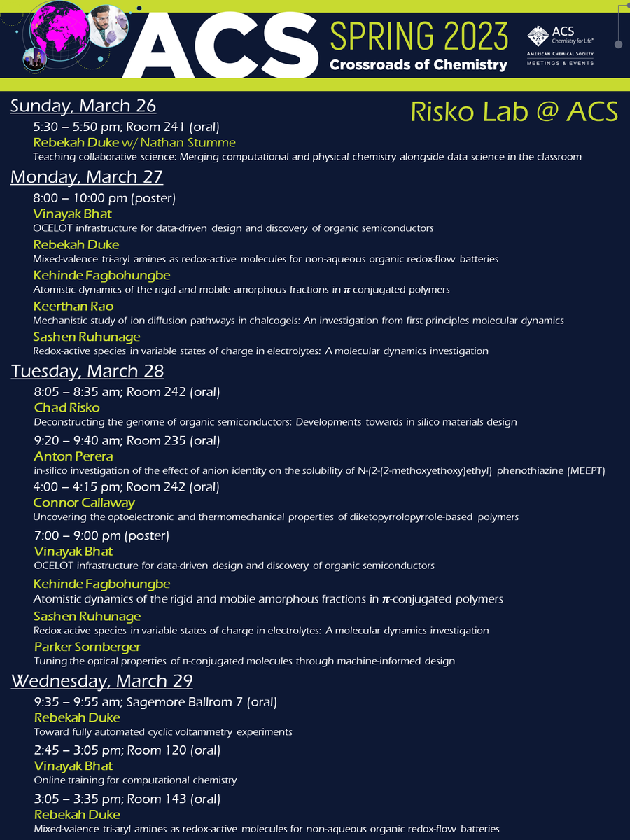 cmrisko's tweet photo. ✅ organic semiconductors
✅ energy storage &amp; batteries
✅ data, machine learning, and automation
✅ chemical education

Headed to Indy next week to attend #ACSSpring2023? Be sure to check out the 16(!!!) presentations from @riskolab across the meeting. https://t.co/TgJggxoibr