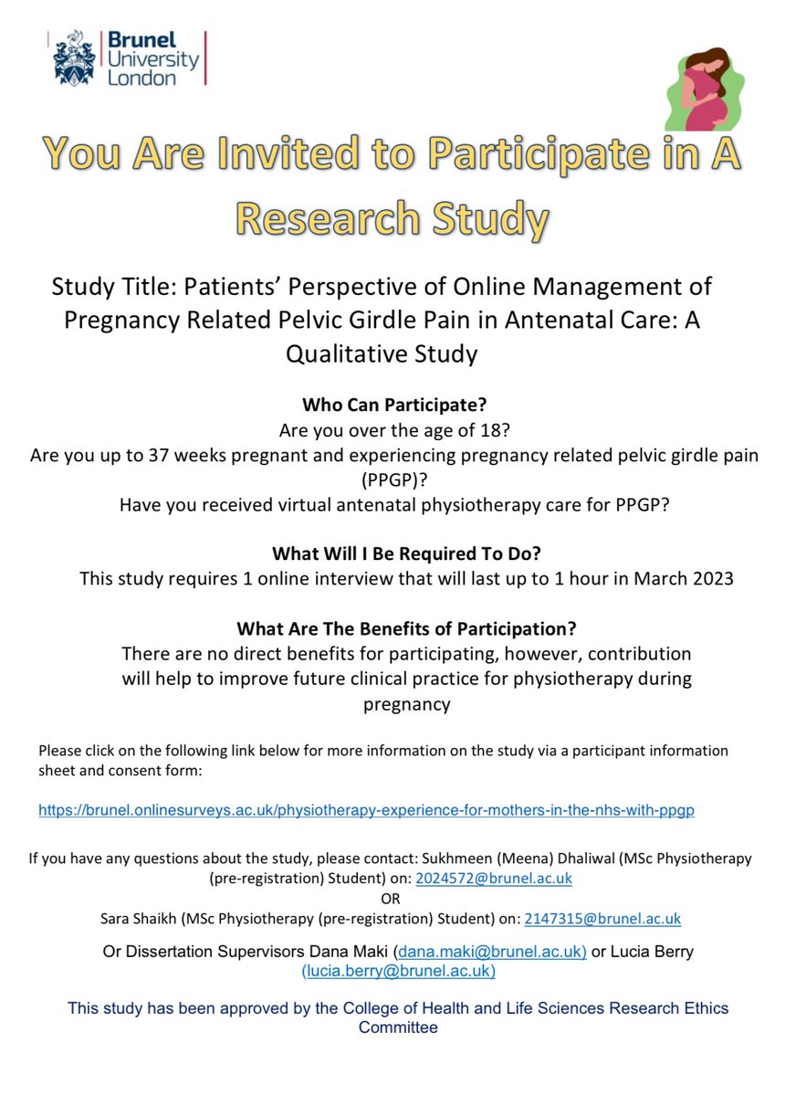 PPGP- Brunel University London (@ppgpstudybrunel) on Twitter photo Physiotherapy research dissertation project at Brunel University London.
If you are currently pregnant and receiving online management for pregnancy related pelvic girdle please click on the link below to participate:
brunel.onlinesurveys.ac.uk/physiotherapy-…
@askmidwifeUK <a href="/pelvicuprising/">Postnatal Community</a> Physiotherapy research dissertation project at Brunel University London.
If you are currently pregnant and receiving online management for pregnancy related pelvic girdle please click on the link below to participate:
brunel.onlinesurveys.ac.uk/physiotherapy-…
@askmidwifeUK <a href="/pelvicuprising/">Postnatal Community</a>