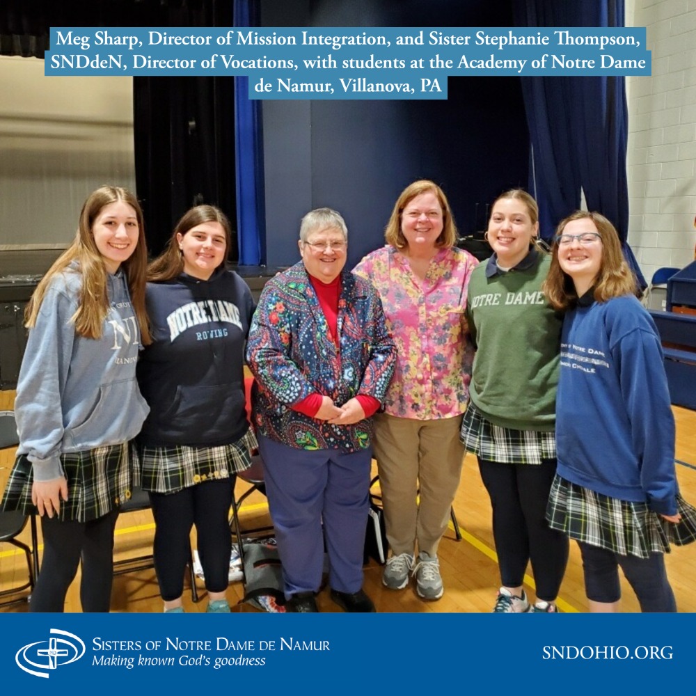 SNDdeNOhio's tweet photo. Meg Sharp, Director of Mission Integration, and Sister Stephanie Thompson, SNDdeN, Director of Vocations, visited the Academy of Notre Dame de Namur, Villanova, PA. What makes a school a Notre Dame school? Learn more: https://t.co/e1BGOeHnAV #missionintegration #educateforlife https://t.co/gGocvByOHY