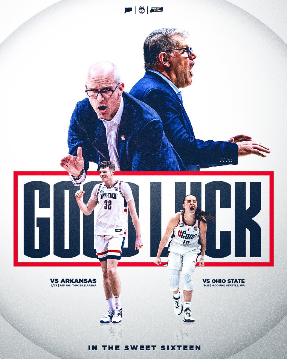 Good Luck to <a href="/UConnMBB/">UConn Men's Basketball</a> and <a href="/UConnWBB/">UConn Women’s Basketball</a> as they compete in the Sweet Sixteen!