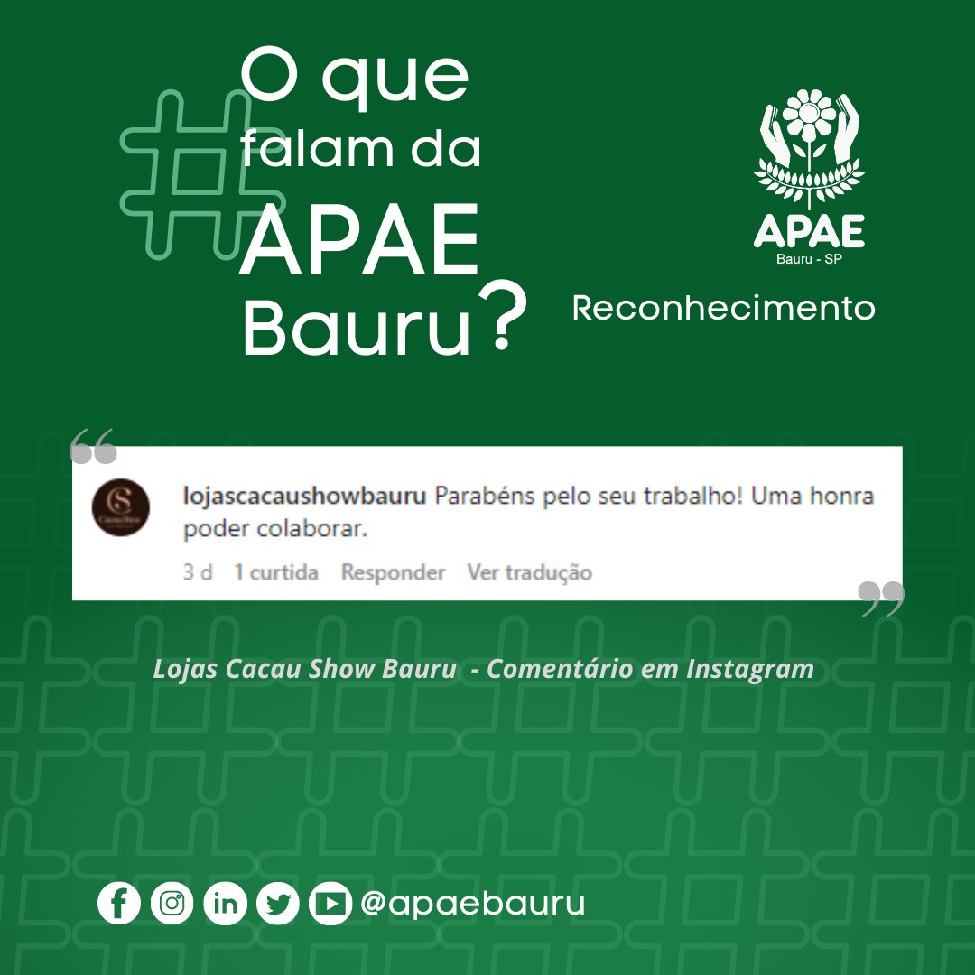 apaebauru's tweet image. Oferecer a melhor qualidade e humanização na prestação dos serviços está na missão da APAE Bauru. 💛

Obrigada, Cacau Show Bauru, pelo carinho e reconhecimento ao nosso trabalho e equipe. 🙏

#apae #apaebauru #bauru
#inclusão #trabalhohumanizado