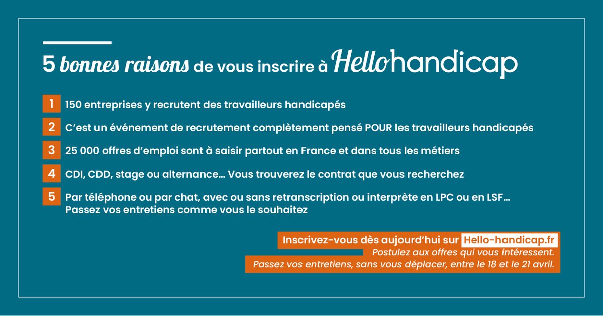 Apecfr's tweet photo. [ #HelloHandicap 2023 ]

📍Vous êtes en situation de #Handicap?

 📅 Du 18 au 21 avril 2023  

Découvrez
150 #EmployeursEngagés &amp; leurs #OffresDEmploi 

Inscriptions &amp; infos 👉 https://t.co/Hm6r0WVdYZ 

 #Inclusion #ZéroDéplacement #Salonderecrutement #Emploi #RQTH https://t.co/AZ0n0YnvjE