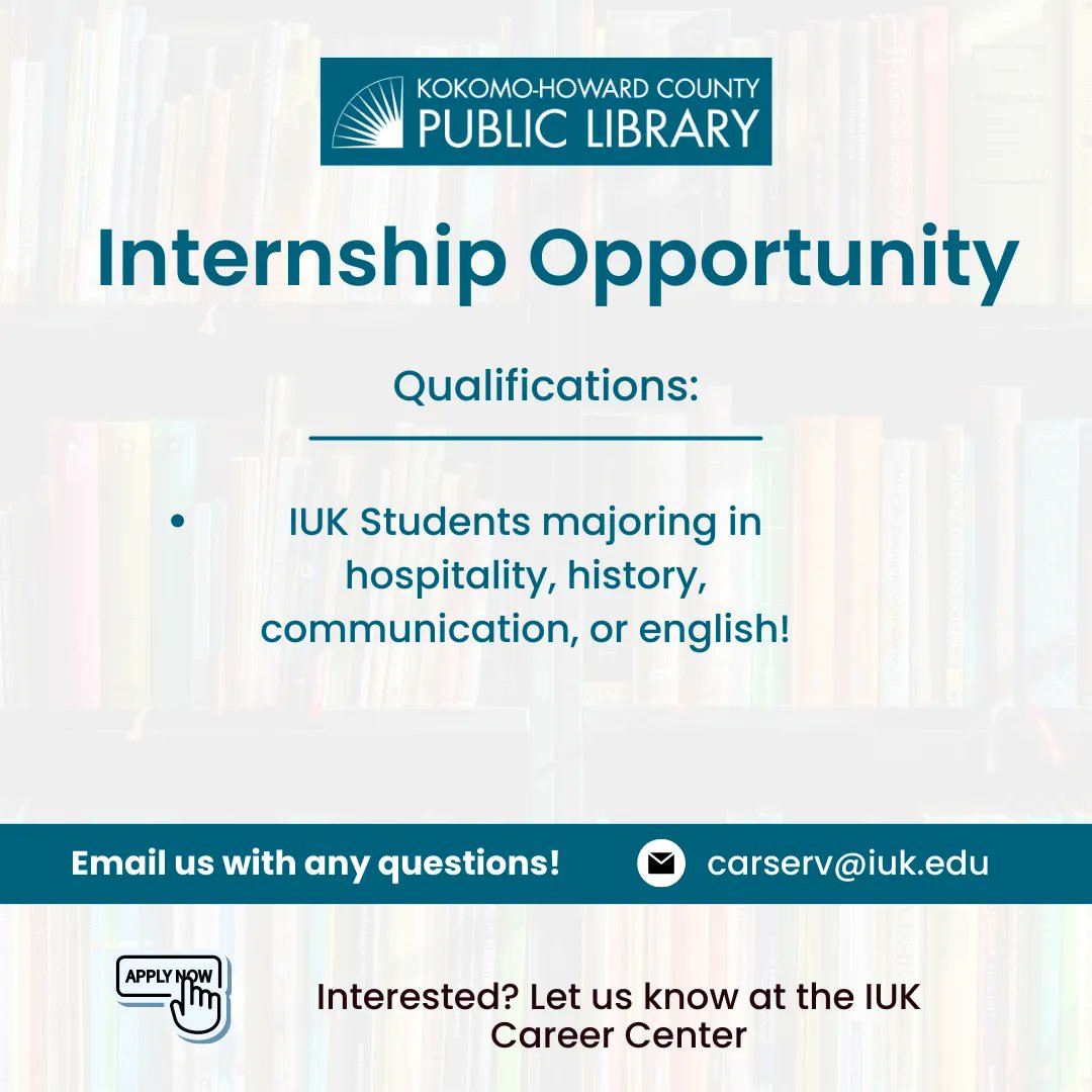 IUKcareercenter's tweet photo. Howard County Public Library is looking to hire an Intern from IUK, that will help in planning and executing their new exhibit  that will be displayed this summer! If you are interested in applying for  this opportunity, stop by  at let us know in the Career Center! https://t.co/hkl21yRxTb