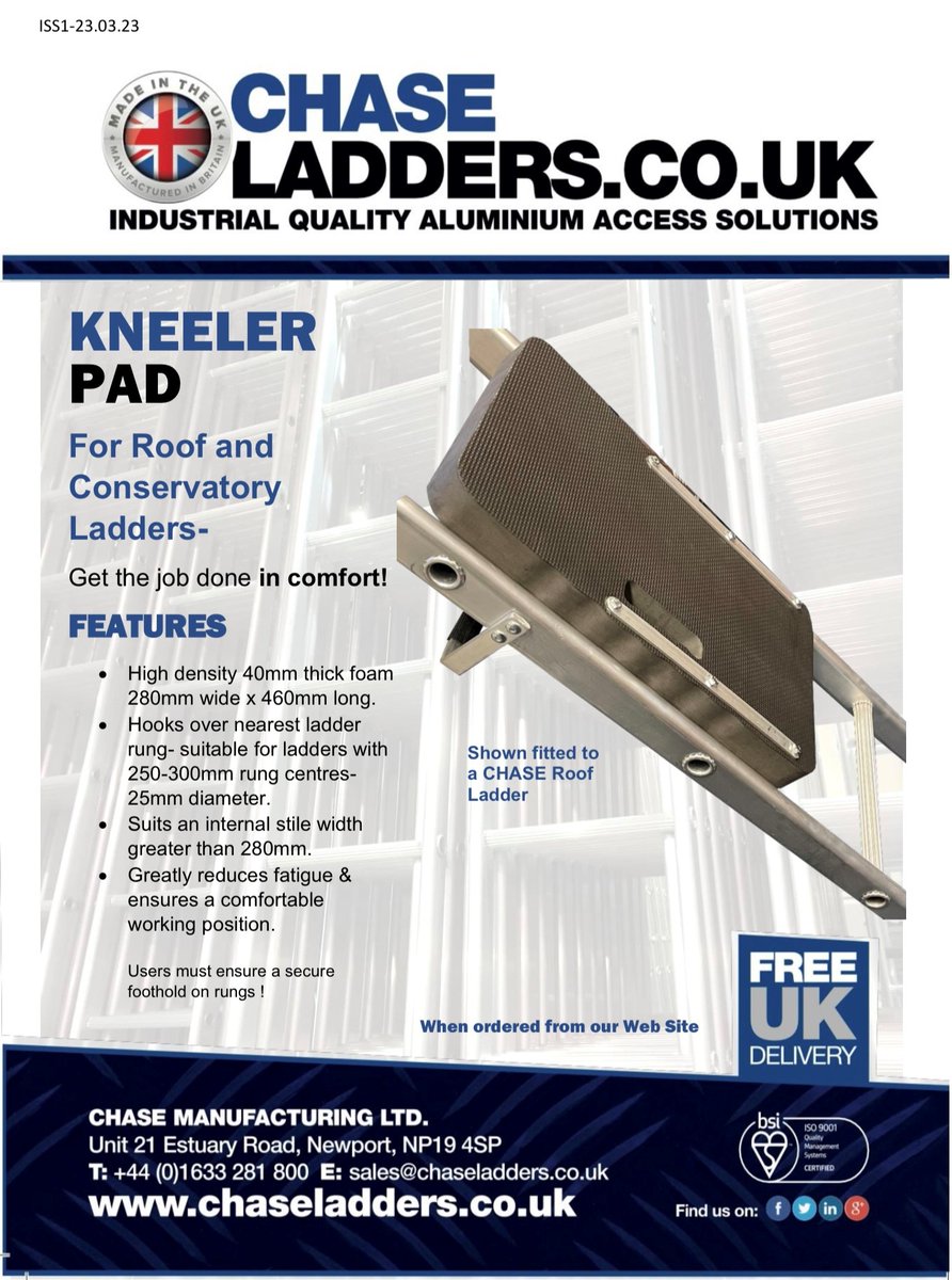 Chris Thomas (@chaseladders) on Twitter photo The new CHASE LADDERS Kneeler Pad for roof ladders & conservatory ladders. Greatly reduces fatigue & ensures a comfortable working position.
Contact us now
sales@chaseladders.co.uk
#kneelerpad #kneelerforladders The new CHASE LADDERS Kneeler Pad for roof ladders & conservatory ladders. Greatly reduces fatigue & ensures a comfortable working position.
Contact us now
sales@chaseladders.co.uk
#kneelerpad #kneelerforladders