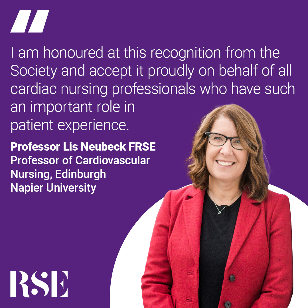 Professor Lis Neubeck joins the Fellowhip. 

<a href="/lisneubeck/">Prof Lis Neubeck</a> Prof <a href="/CVHealthENU/">Centre for Cardiovascular Health</a>, <a href="/EdinburghNapier/">Edinburgh Napier University</a>. Her research focuses on innovative solutions to secondary prevention of cardiovascular disease, and the use of new technologies to improve access to health care.

rse.org.uk/leading-thinke…