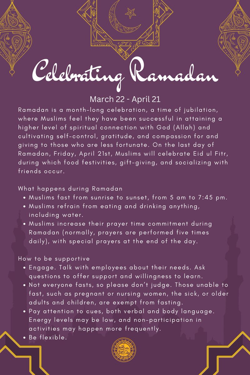 Ramadan began yesterday, so we wanted to share with you what we shared with the Monroe County workforce in steps to further create a culture where everyone thrives. "The more you know" 😉 

#ramadan2023 #monroecounty #diversityequityandinclusion