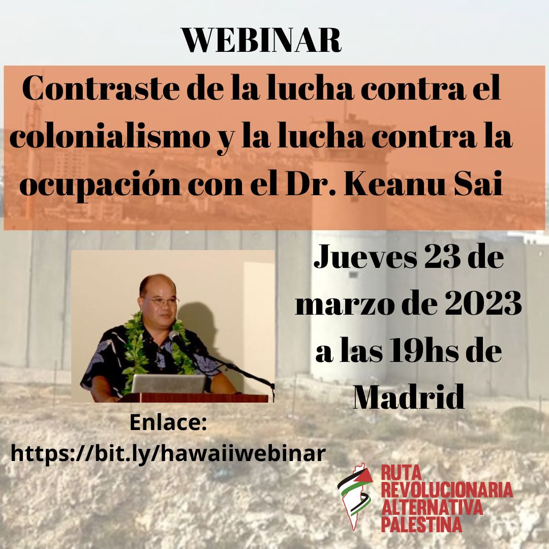 SamidounPP's tweet photo. FROM HAWAII TO PALESTINE: Contrasting occupation and colonialism. Join us to hear from Dr. Keanu Sai (in English, Arabic and Spanish translation). 11 am Pacific - 2 pm Eastern - 7 pm CET - 8 pm Palestine. Join on Zoom Link: https://t.co/2qwqSMMo8R
Organized by @MasarBadil https://t.co/sdNfwOhq1r
