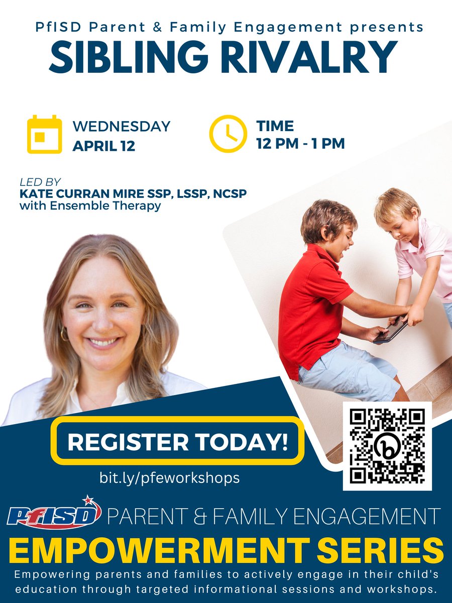 You are invited! Learn about:

*Articulating the different sibling dynamics that occur in your home
*Channel sibling rivalry into more positive relations-building experiences
*Communicate family expectations the increase favorable behaviors
Register here: bit.ly/pfeworkshops