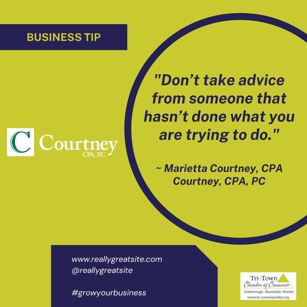 Business Tip: "Don't take advice from someone that hasn't done what you are trying to do." - Marietta Courtney, Courtney, CPA, PC tri-townchamber.org/list/member/co…
#CourtneyCPA #CPA #businesstip #tritownchamberma