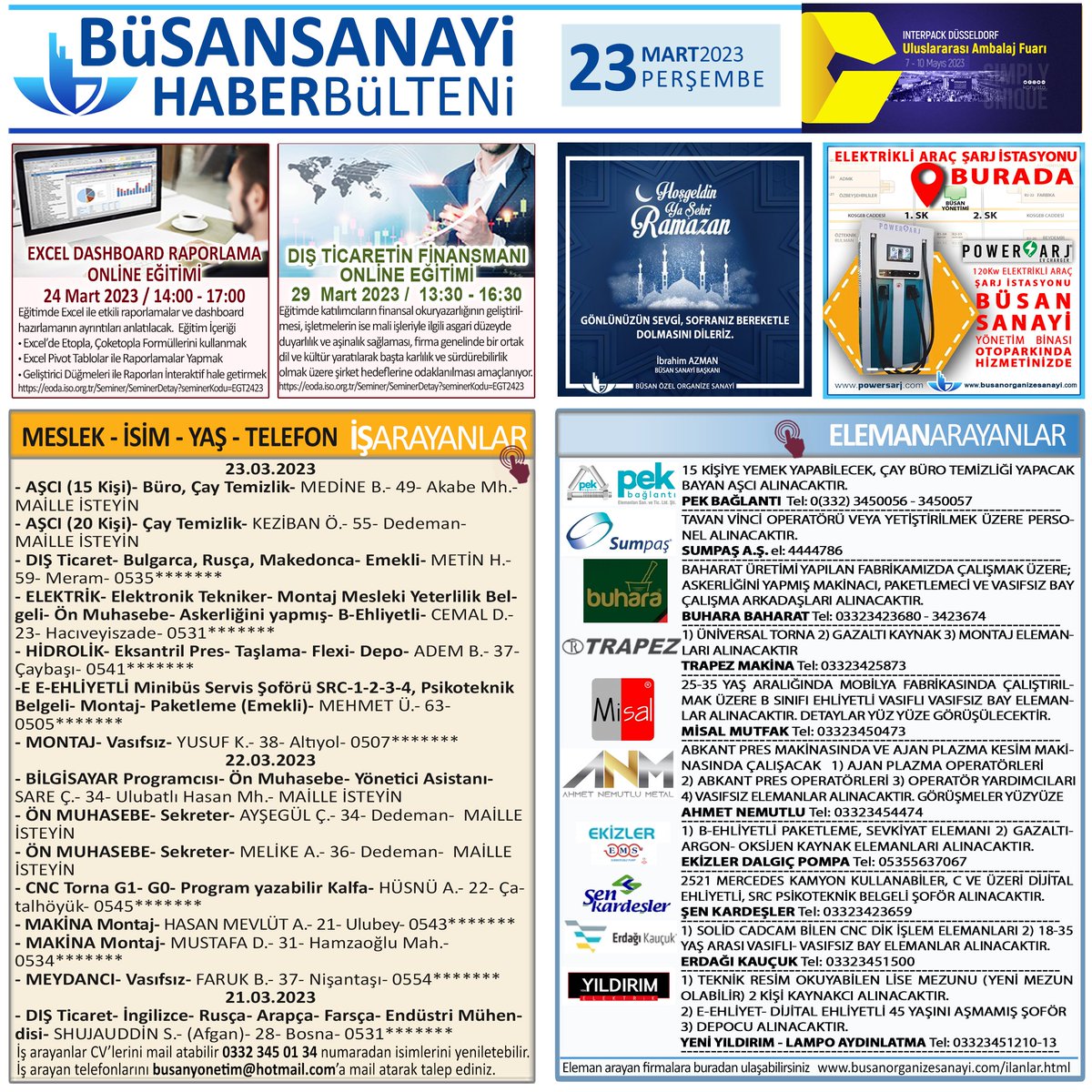 busanyonetim's tweet image. 23.03.2023 Büsan Bülten #InterpackDüsseldorf
#Excel #DashboardRaporlama #DışTicaretFinansmanı #Hoşgeldin #YaŞehriRamazan #ElektrikliAraç #Şarjİstasyonu #PowerŞarj #23Mart #perşembe #BüsanSanayi #BusanIndustry #büsan #busan #Konya #işarayanlar #elemanarayanlar #BüsanBülten