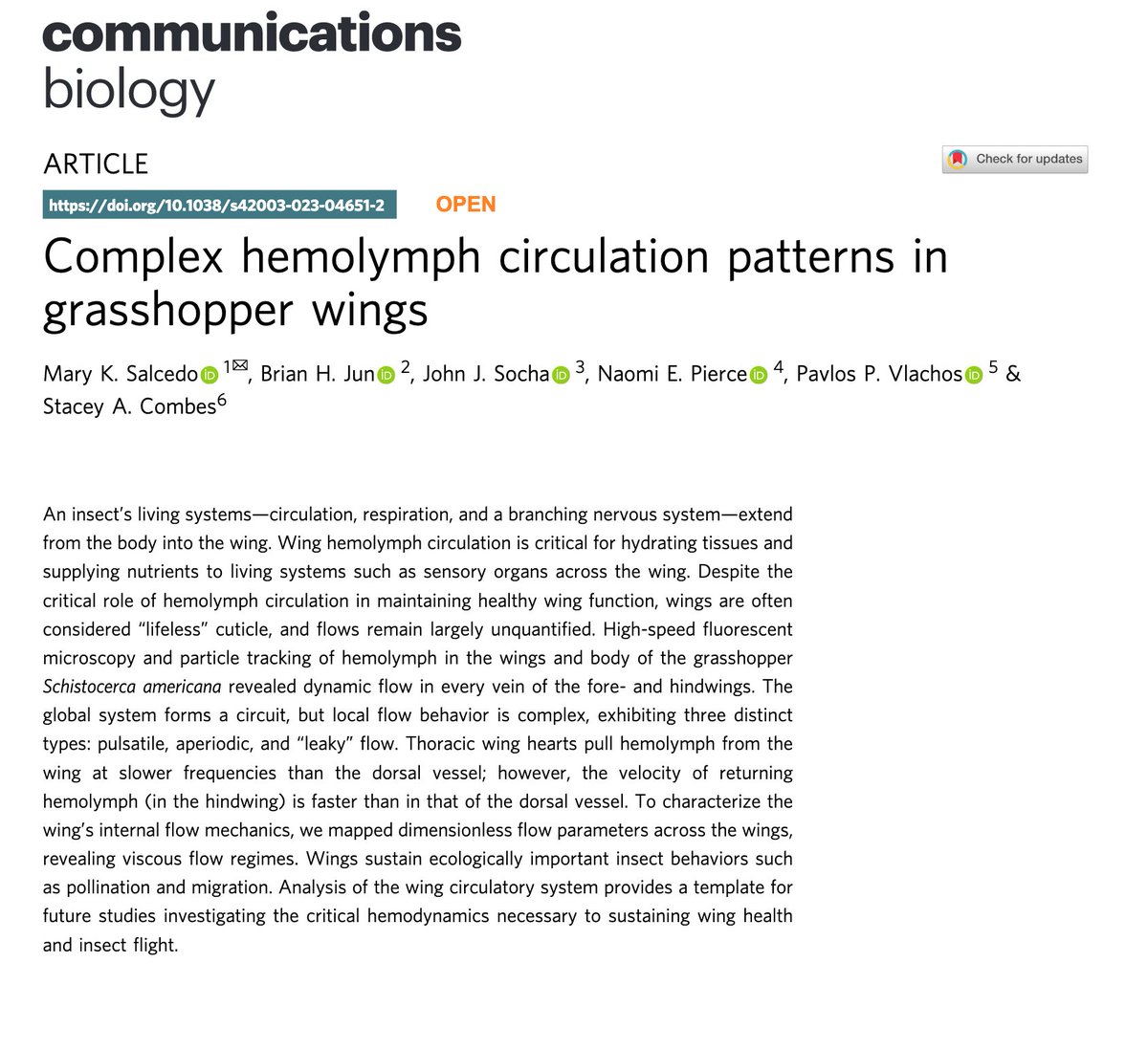 Mary Salcedo, PhD 🦗🐞🐝+🐍 (@marysalcedo) on Twitter photo It's out!
"Complex hemolymph circulation patterns in grasshopper wings" in <a href="/CommsBio/">Communications Biology</a> TODAY
rdcu.be/c8iIa
Coauthors
Brian Jun (<a href="/LosAlamosNatLab/">Los Alamos National Laboratory</a>)
<a href="/snake_flyer/">Jake Socha</a> (<a href="/SochaLab/">SochaLab</a>)
Naomi Pierce (<a href="/HarvardOEB/">Harvard Organismic & Evolutionary Biology</a>)
Pavlos Vlachos (<a href="/PurdueEngineers/">Purdue Engineering</a>)
Stacey Combes (<a href="/ucdavisbiology/">Biological Sciences</a>)
/1 It's out!
"Complex hemolymph circulation patterns in grasshopper wings" in <a href="/CommsBio/">Communications Biology</a> TODAY
rdcu.be/c8iIa
Coauthors
Brian Jun (<a href="/LosAlamosNatLab/">Los Alamos National Laboratory</a>)
<a href="/snake_flyer/">Jake Socha</a> (<a href="/SochaLab/">SochaLab</a>)
Naomi Pierce (<a href="/HarvardOEB/">Harvard Organismic & Evolutionary Biology</a>)
Pavlos Vlachos (<a href="/PurdueEngineers/">Purdue Engineering</a>)
Stacey Combes (<a href="/ucdavisbiology/">Biological Sciences</a>)
/1