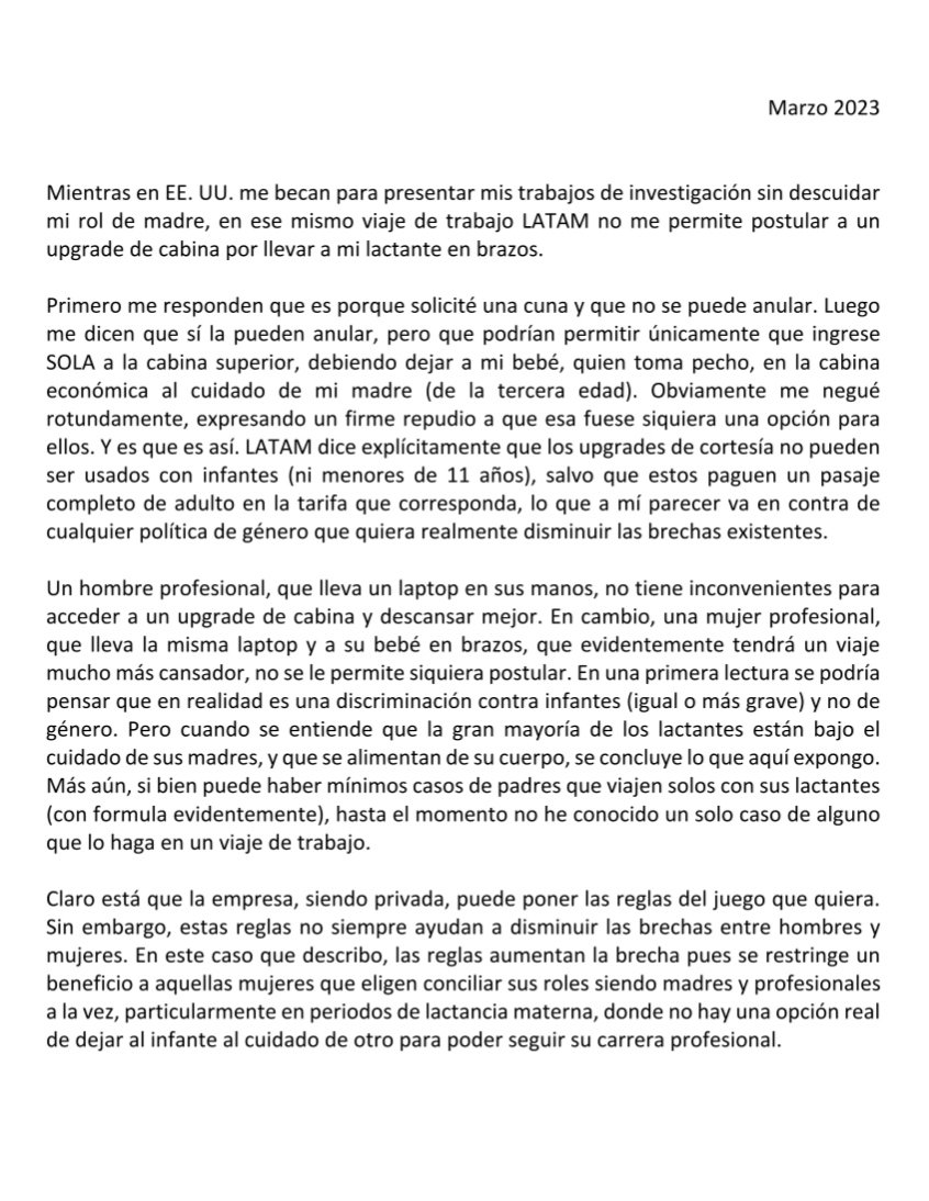 VaniaFigueroaI's tweet image. En #8M2023 @LATAM_CHI invitaba a las mujeres a "tocar las nubes", pero solo algunas, no a las madres, ellas son discriminadas cómo relata la Dra. @CarlaHermann. Este es un buen ejemplo de los discursos vacíos de empresas cuyo compromiso con la #IgualdadDeGénero es sólo marketing