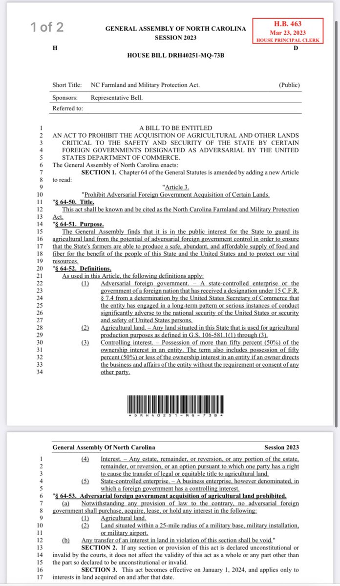 JohnBellNC's tweet photo. Today, I filed #HB463 to prohibit China, Russia & other foreign adversaries & state-controlled entities from purchasing farmland, including areas surrounding military bases. We must act to mitigate this threat to our national & food security. https://t.co/5o9CEt4zEt #ncga #ncpol https://t.co/6bsnEHR9uL