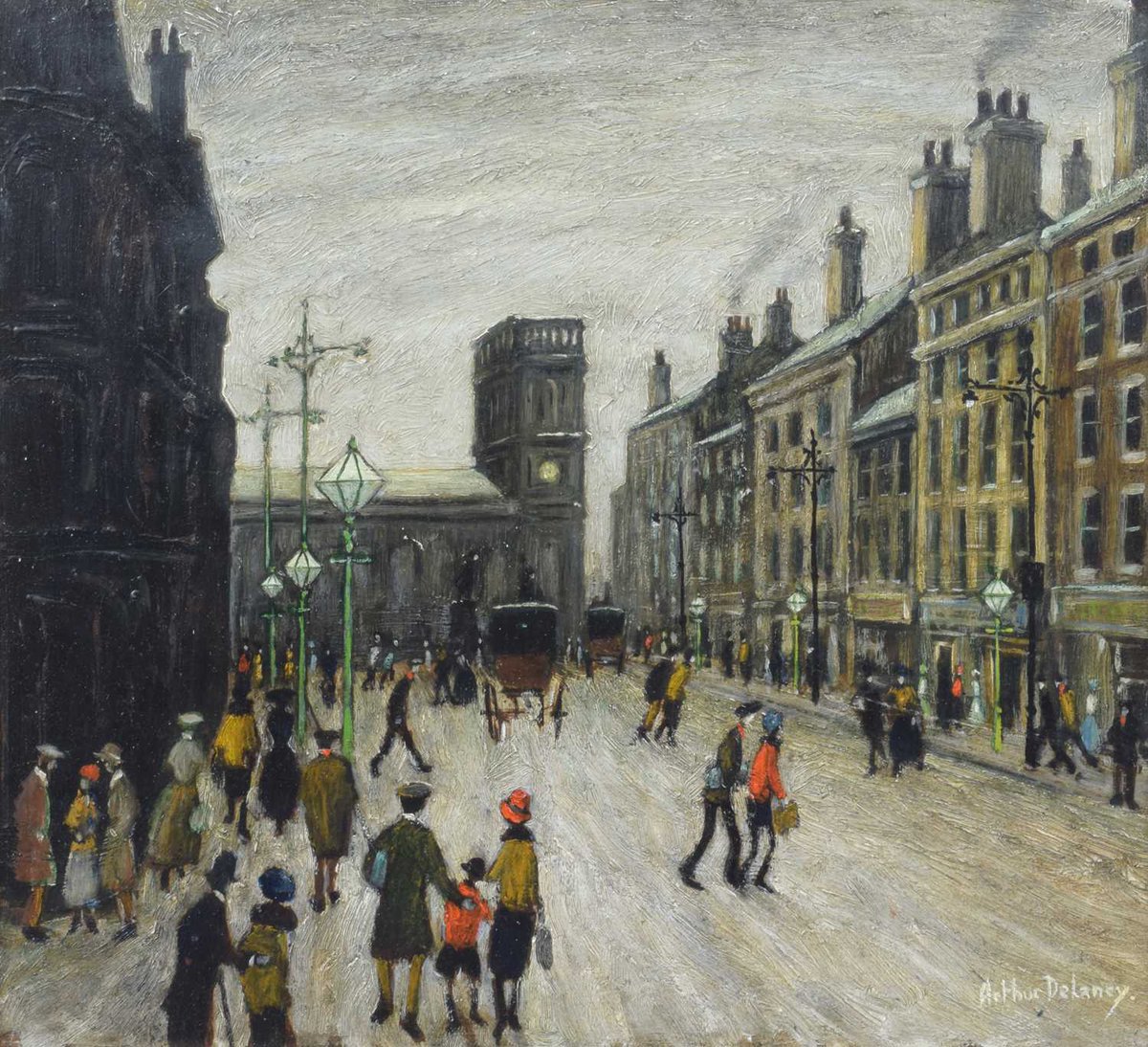 SOLD for £7,100 - Arthur Delaney (British 1927-1987), "St. Ann's Square, Manchester", Signed, oil on board #nantwich #cheshire #auctionresults #arthurdelaney #manchester #northernart