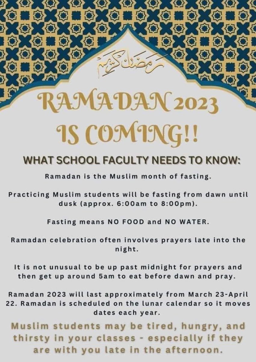 MsKFreeman12's tweet photo. Ramadan starts today! Yay! We are @FortBendISD ! We love all of our students for who they are and in every way! #SupportYourStudents Parents be sure to inform your classroom teacher of who is celebrating Ramadan! #happyRamadan2023 @BBE_Bullfrogs https://t.co/0CP5GK5lBb