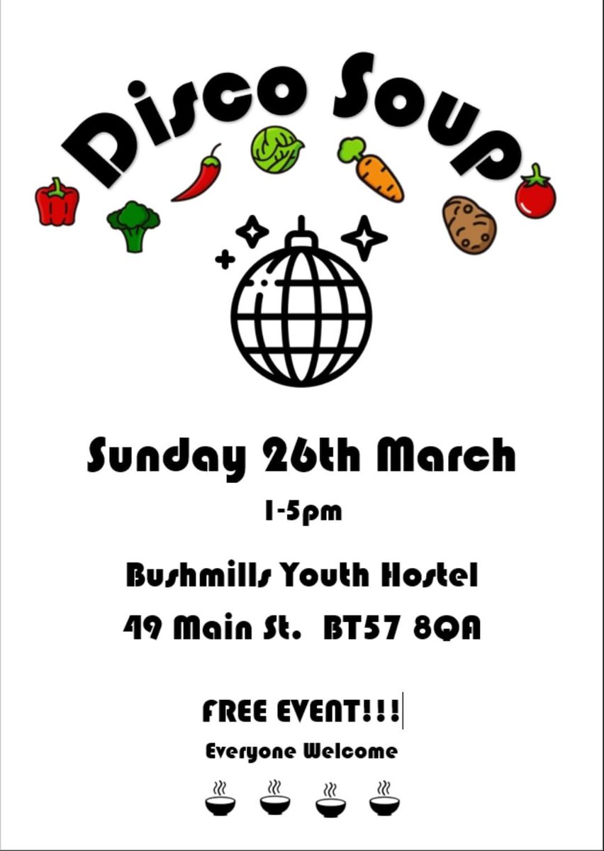 dynamitedoherty's tweet image. My lovely friend Anita Brolly is hosting a FREE community event #DiscoSoup this Sunday, 1-5pm, Bushmills Youth Hostel.

Get involved with cooking, reducing food waste, enjoy tasty soup &amp;amp; have a laugh &amp;amp; a dance to good tunes from @gregzee 

…everybody’s welcome 🪩