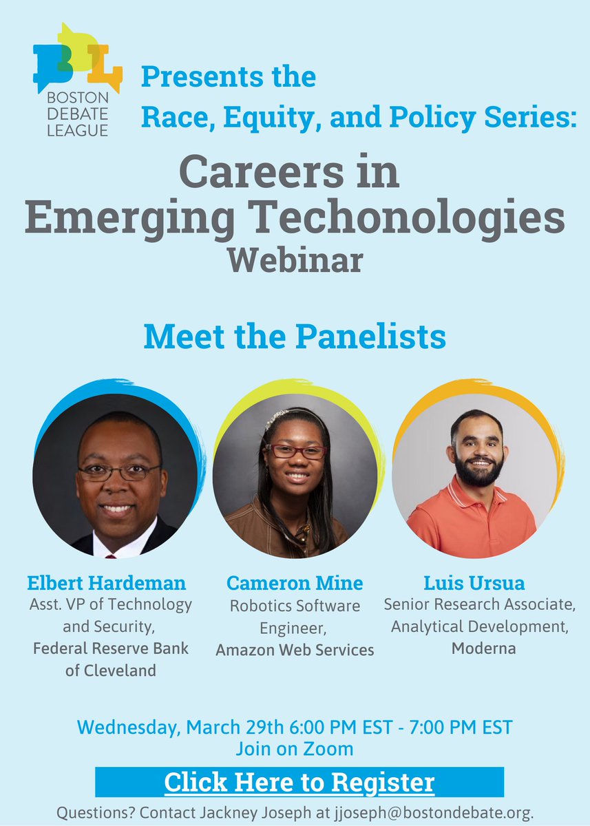 Join us for the Race, Equity, Policy Series: Careers in Emerging Technologies webinar! This discussion will feature panelists in the fields of artificial intelligence, biotechnology, and cybersecurity. Learn more and register here: forms.gle/b8vagc3Xxt6yU6…