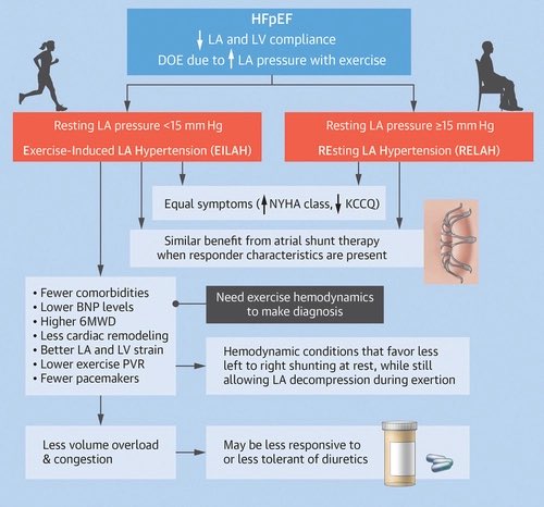 In symptomatic HFpEF pts:
EILAH: rest PCWP &lt;15, ⬆️&gt; 25 with exercise
RELAH: rest PCWP&gt;15
Conclusion:
EILAH=RELAH in symptoms BUT➡️
EILAH: rich in responders to IASD, less ♥️ remodeling, BUT ➡️hard to Dx.                      
🔥 eRHC is 🔑
<a href="/jaccjournals/">JACC Journals</a> jacc.org/doi/10.1016/j.…