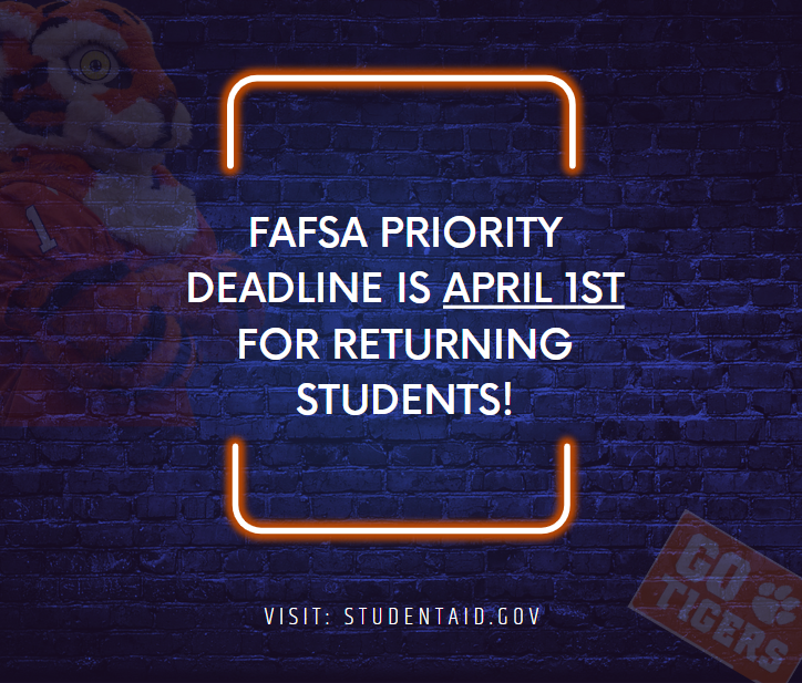 The FAFSA priority deadline is April 1st for all continuing students (upperclassmen, transfer and graduate students). Visit studentaid.gov to submit your 2023-24 FAFSA.