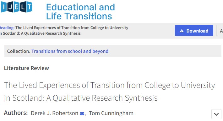 Excited to share our new paper on college to university transitions, co-authored with Tom Cunningham of GCU ijelt.dundee.ac.uk/articles/10.53…