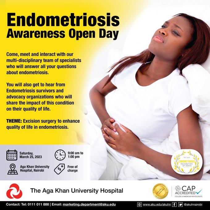 AKUHNairobi's tweet photo. Join us this Saturday, March 25th as we host an Endometriosis Awareness Open Day in partnership with @EndoFoundKE. Meet the team of specialists, Endometriosis survivors, and Advocacy organizations for a one-on-one chat on this condition... https://t.co/B4iBolF1M7