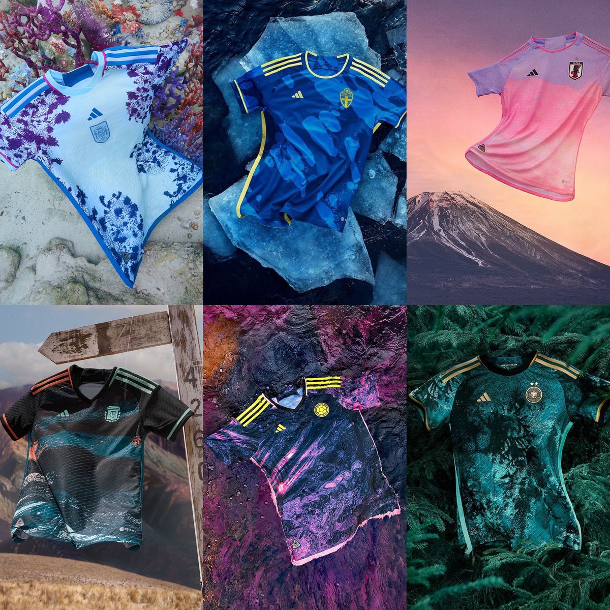 Juezcentral's tweet photo. La colección de camisetas de Adidas para el Mundial Femenino de 2023. España, Suecia, Japón, Argentina, Colombia y Alemania. Todas inspiradas en un paisaje natural de cada país. TOP. https://t.co/bmVGTtop7p