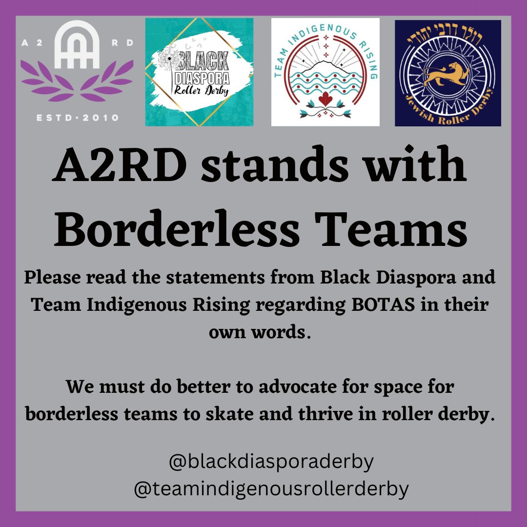 a2rollerderby's tweet photo. Ann Arbor Roller Derby stands in solidarity with our borderless skatemates. 
If you haven’t already, please read the statements made by Black Diaspora Roller Derby and Team Indigenous Rising Roller Derby re: their unacceptable and harmful treatment at BOTAS and beyond. 
1/ https://t.co/cpZxrvNy1f