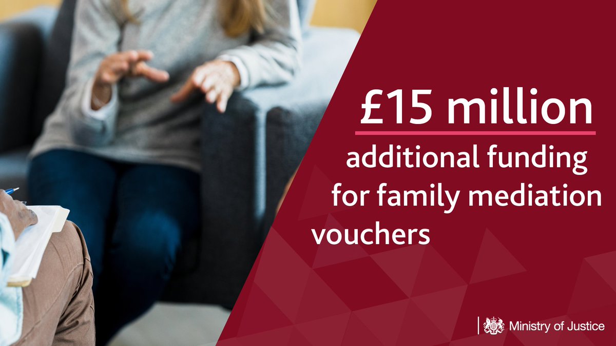 We’re putting an extra £15 million into our family mediation voucher scheme, to help even more couples resolve disputes outside of court.

So far, the scheme has supported over 15,300 families. 

Read more: gov.uk/government/new…