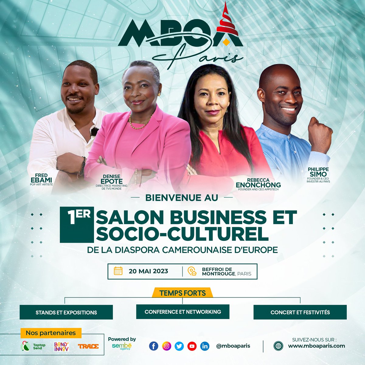 MboaParis's tweet image. #MBOAPARIS : C&apos;est une sélection spécial de grands noms que nous vous réservons 😉:
#DeniseEpotè  #RebeccaEnonchong  #PhilippeSimo  #FredEbami
🗓Une seule date à retenir:  le 20/05/2023
📍Beffroi de Montrouge.
Réservez vos places dès maintenant sur hello@mboaparis.com.
#MBOAPARIS