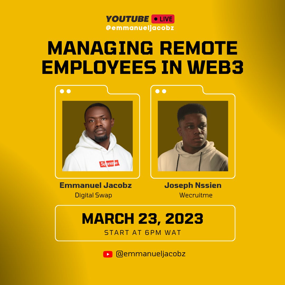 📢 Join us for a live YouTube event on Managing Remote Employees in Web3, featuring guest speaker @__BigJo this evening at 6 PM! 🌐👨‍💼👩‍💻 Don't miss out on valuable insights and tips on managing remote teams in the blockchain industry.
 #Web3 #RemoteManagement #YouTubeLive $Arb