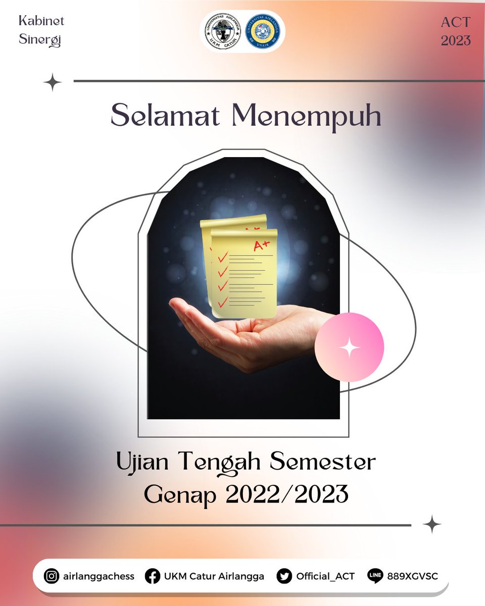 [SELAMAT MENEMPUH UJIAN TENGAH SEMESTER]

Semoga diberi kelancaran dan kemudahan serta diberikan hasil yang terbaik

SEMANGAT

#AirlanggaChessTeam2023
#UKMCaturAirlangga
#WeCanSolveIt
#KabinetSinergi
#UniversitasAirlangga