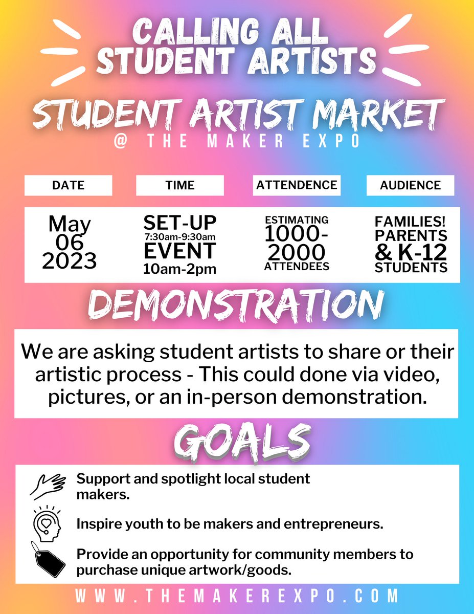 nkymakerspace's tweet photo. Calling all Student Artists! Are you interested in showing or selling your craft? Then The Maker Expo is for you! Sign up today to join other artists in our community who are making Northern Kentucky unique! Join us May 6 @IgniteAtRIC
@Boone_County @TheKCSD https://t.co/kq37CldQFL