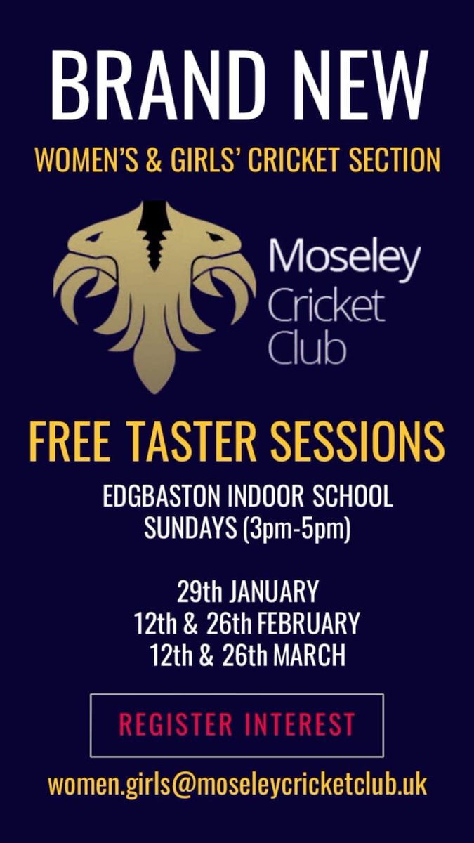 Moseley Cricket Club (@moseleycc) on Twitter photo REMINDER: The final FREE taster session for WOMEN’S & GIRLS’ CRICKET is this Sunday (26th March)!
📍The session is located at <a href="/Edgbaston/">Edgbaston Stadium</a> Cricket Centre
🕰Running time 3pm- 5pm
<a href="/CompleteCricket/">Complete Cricket</a> REMINDER: The final FREE taster session for WOMEN’S & GIRLS’ CRICKET is this Sunday (26th March)!
📍The session is located at <a href="/Edgbaston/">Edgbaston Stadium</a> Cricket Centre
🕰Running time 3pm- 5pm
<a href="/CompleteCricket/">Complete Cricket</a>