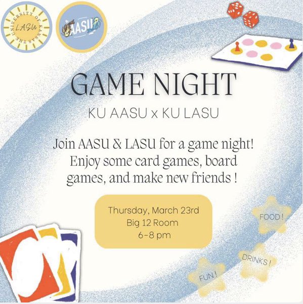 REMINDER: Don’t forget to join us TONIGHT for our game night event with the KU AASU!