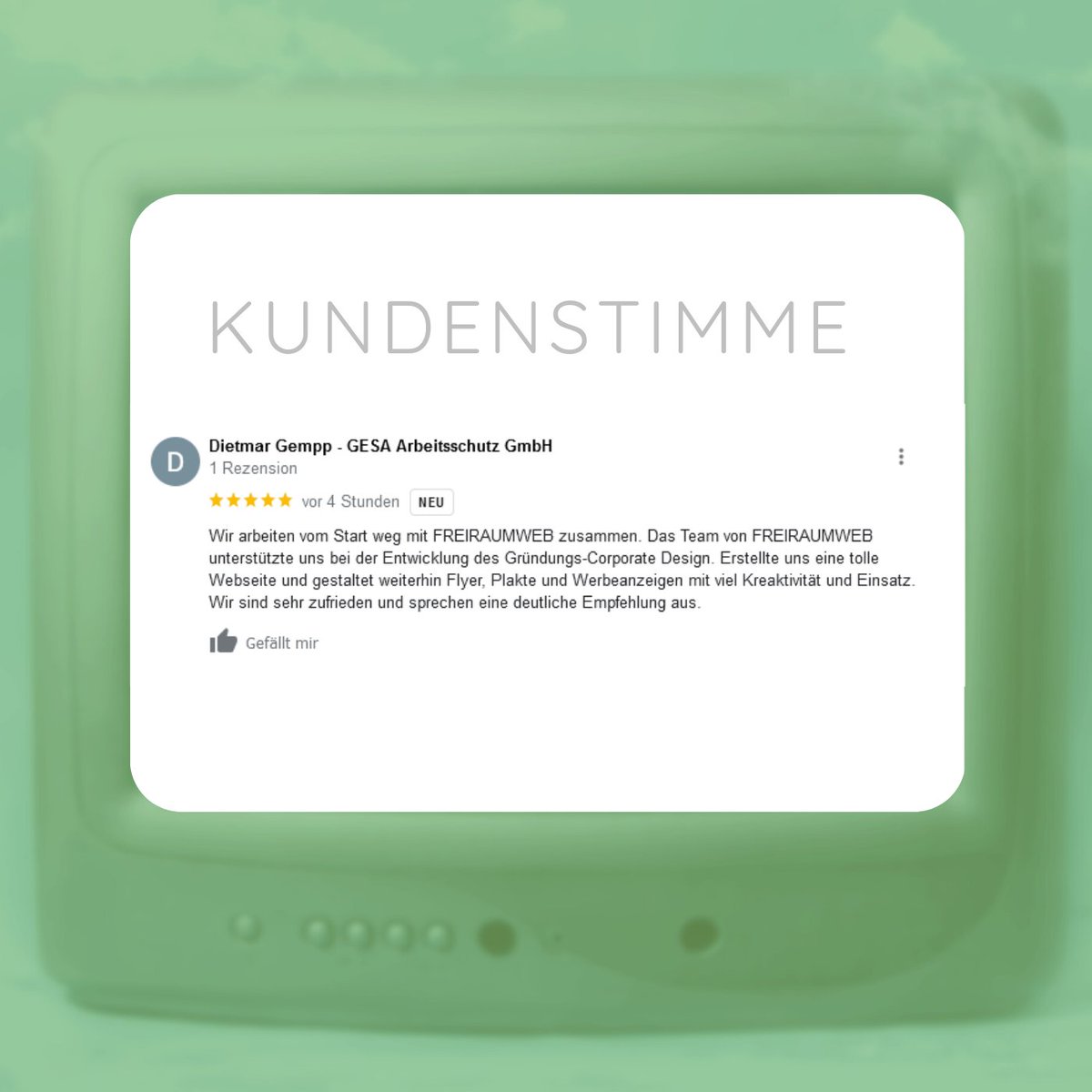 FreiRaum_Web's tweet photo. Vielen Dank für das Feedback @gesa_gmbh
Auf weiteren gemeinsamen Erfolg!
#kundenrezension #kundenzufriedenheit
#customerreview #customerfeedback  #customer #happycustomers #testimonial #customerreviews #smallbusiness #onlineshopping #customerlove #customers https://t.co/QItHX0x0Fn