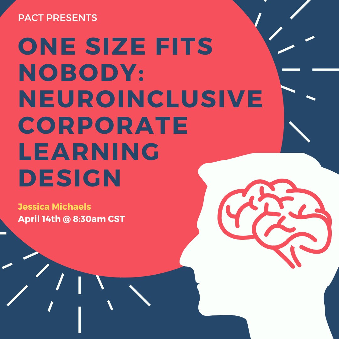 PACTMN's tweet photo. As educators, we design sessions to appeal to our learners, be engaging, drive participation, and spur behavior change. After this session we’ll learn more about neuroinclusive design for eLearning. #PACTmn https://t.co/sbMmlL674T