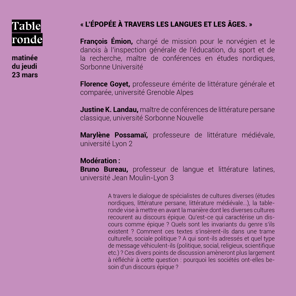 Les Rendez-Vous de l'Antiquité (@rdv_antiquite) on Twitter photo 🔶 LCA | PNF🔸Des spécialistes de cultures diverses (études nordiques, littérature persane, littérature médiévale...) composaient ce matin la table-ronde consacrée au discours épique. #antiquité
<a href="/Festivlatingrec/">Festival européen latin grec</a> <a href="/eduscol_lettres/">éduscol Lettres</a> <a href="/Eduscol/">éduscol</a>
<a href="/univ_lyon2/">Université Lumière Lyon 2</a> 🔶 LCA | PNF🔸Des spécialistes de cultures diverses (études nordiques, littérature persane, littérature médiévale...) composaient ce matin la table-ronde consacrée au discours épique. #antiquité
<a href="/Festivlatingrec/">Festival européen latin grec</a> <a href="/eduscol_lettres/">éduscol Lettres</a> <a href="/Eduscol/">éduscol</a>
<a href="/univ_lyon2/">Université Lumière Lyon 2</a>